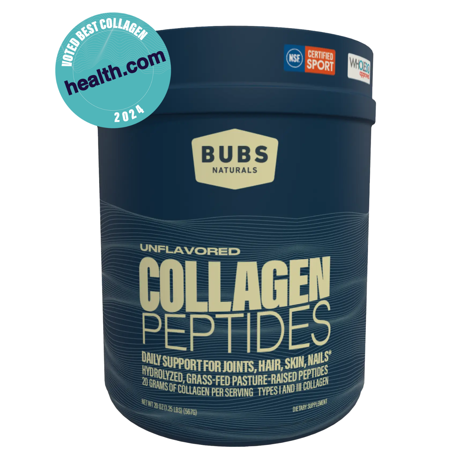 BUBS Naturals Unflavored Collagen Peptides, 20oz tub, front