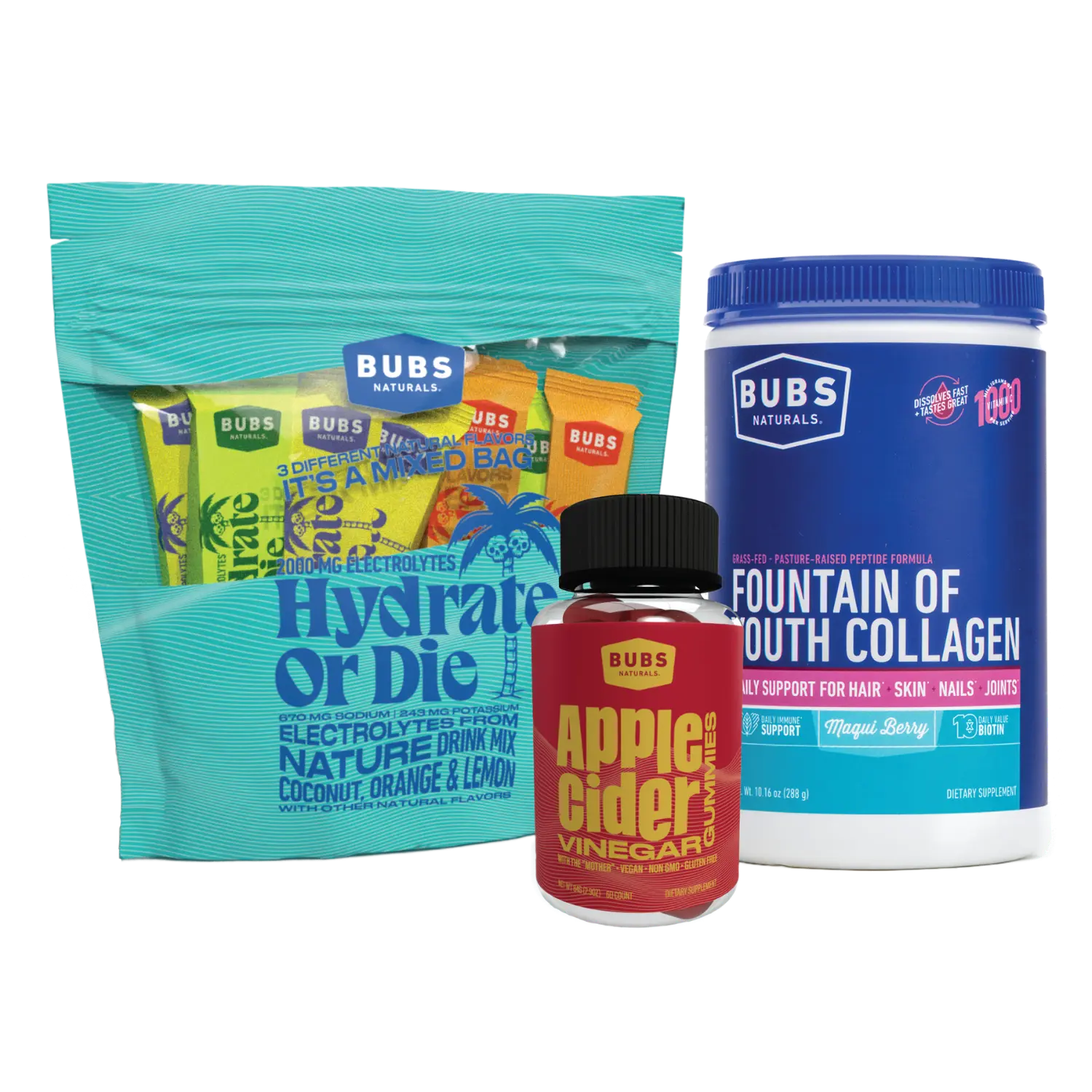 BUBS Naturals Glow Bundle with Mixed Hydrate or Die Bag, Apple Cider Vinegar Gummies, and Fountain of Youth Collagen